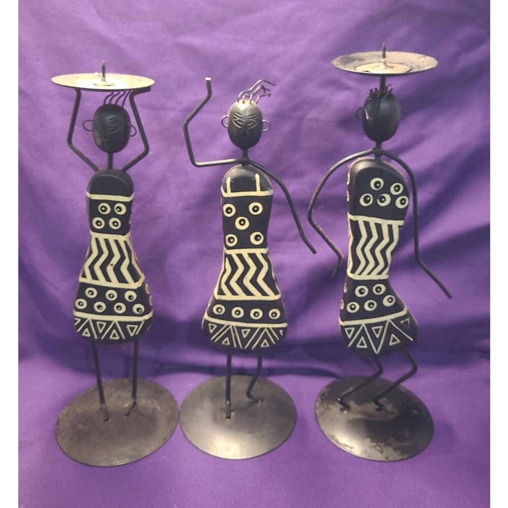 Set Of 3 Metal/Wood African Style Figures/Candle Holders, Black/Cream 11.5"